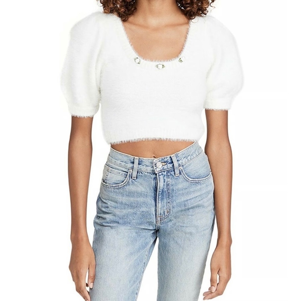 For Love & Lemons Anastasia Cropped Sweater White‎ Faux Mohair Floral Applique